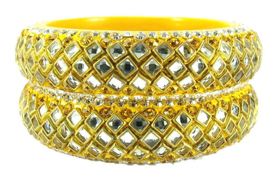 sukriti designer kundan yellow lac bangles for women - set of 2