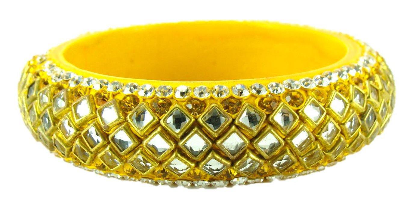 sukriti designer kundan yellow lac bangles for women - set of 2