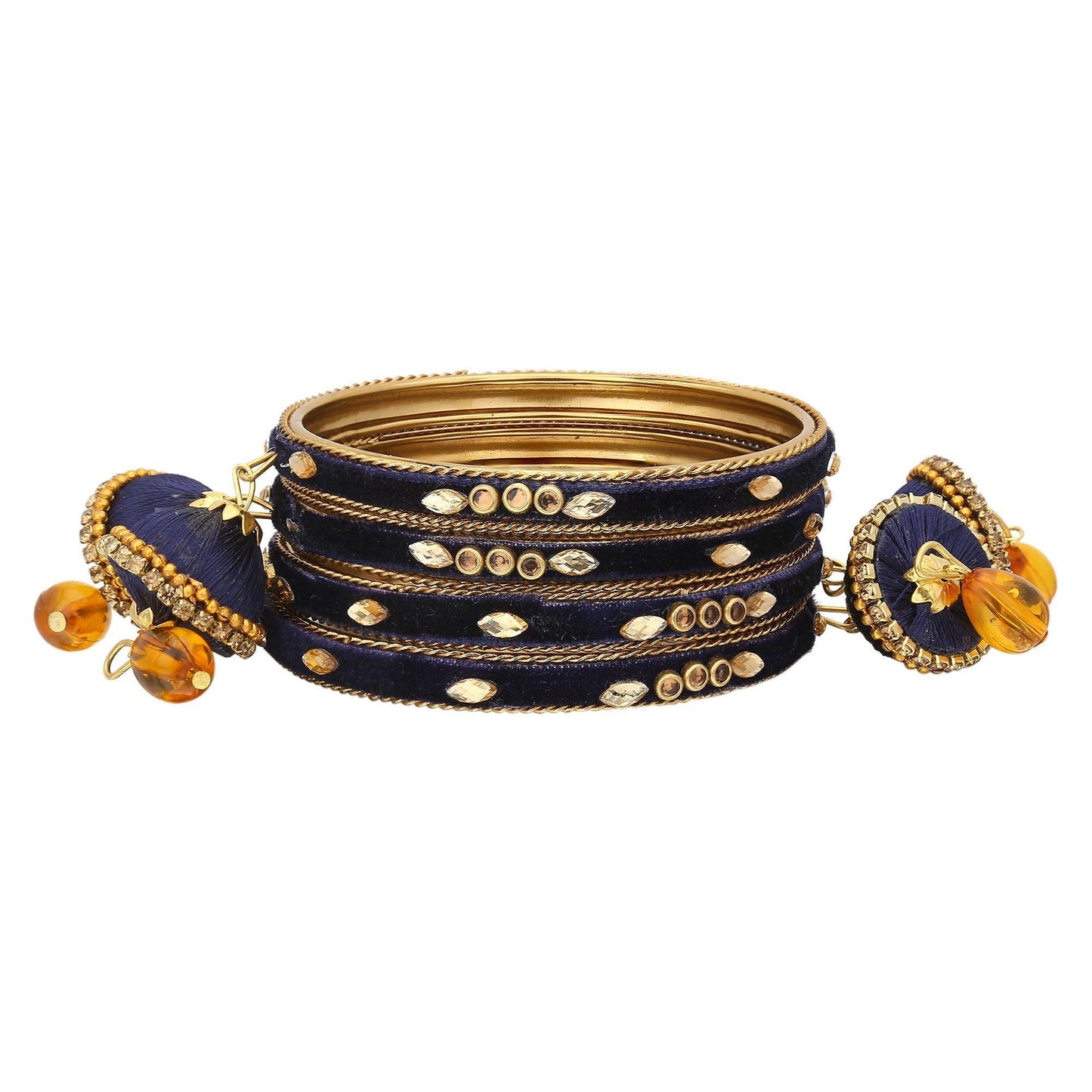 sukriti designer silk thread tassel latkan velvet navy-blue bangle for girls & women–set of 4
