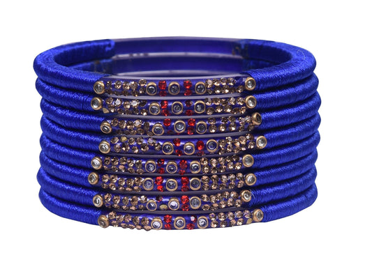 sukriti indian party wear navy blue silk thread bangles for women - set of 8 | size: 2.4