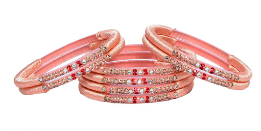 sukriti indian party wear peach silk thread acrylic bangles for girls, women - set of 8