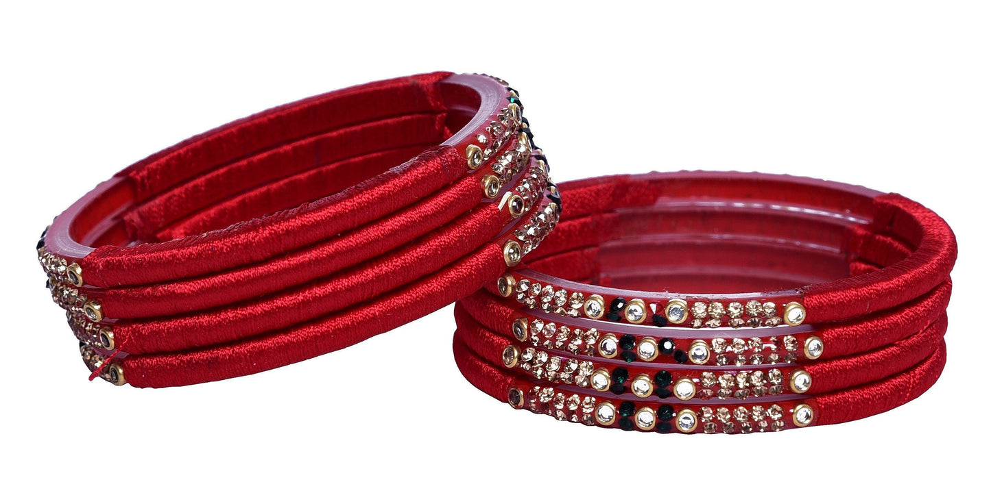 sukriti indian party wear red silk thread acrylic bangles for girls, women - set of 8
