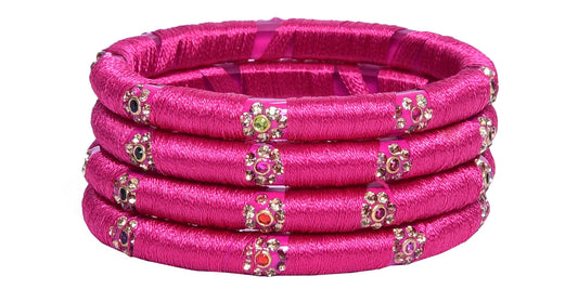 sukriti indian party wear silk thread acrylic magenta bangles for girls, women - set of 4