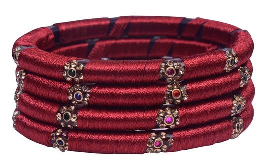 sukriti indian party wear silk thread acrylic maroon bangles for girls, women - set of 4