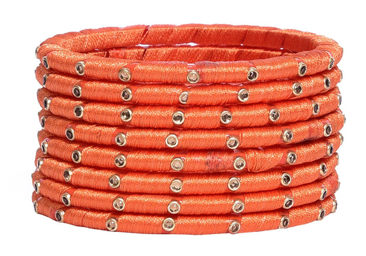 sukriti indian party wear silk thread acrylic orange bangles for girls, women - set of 8
