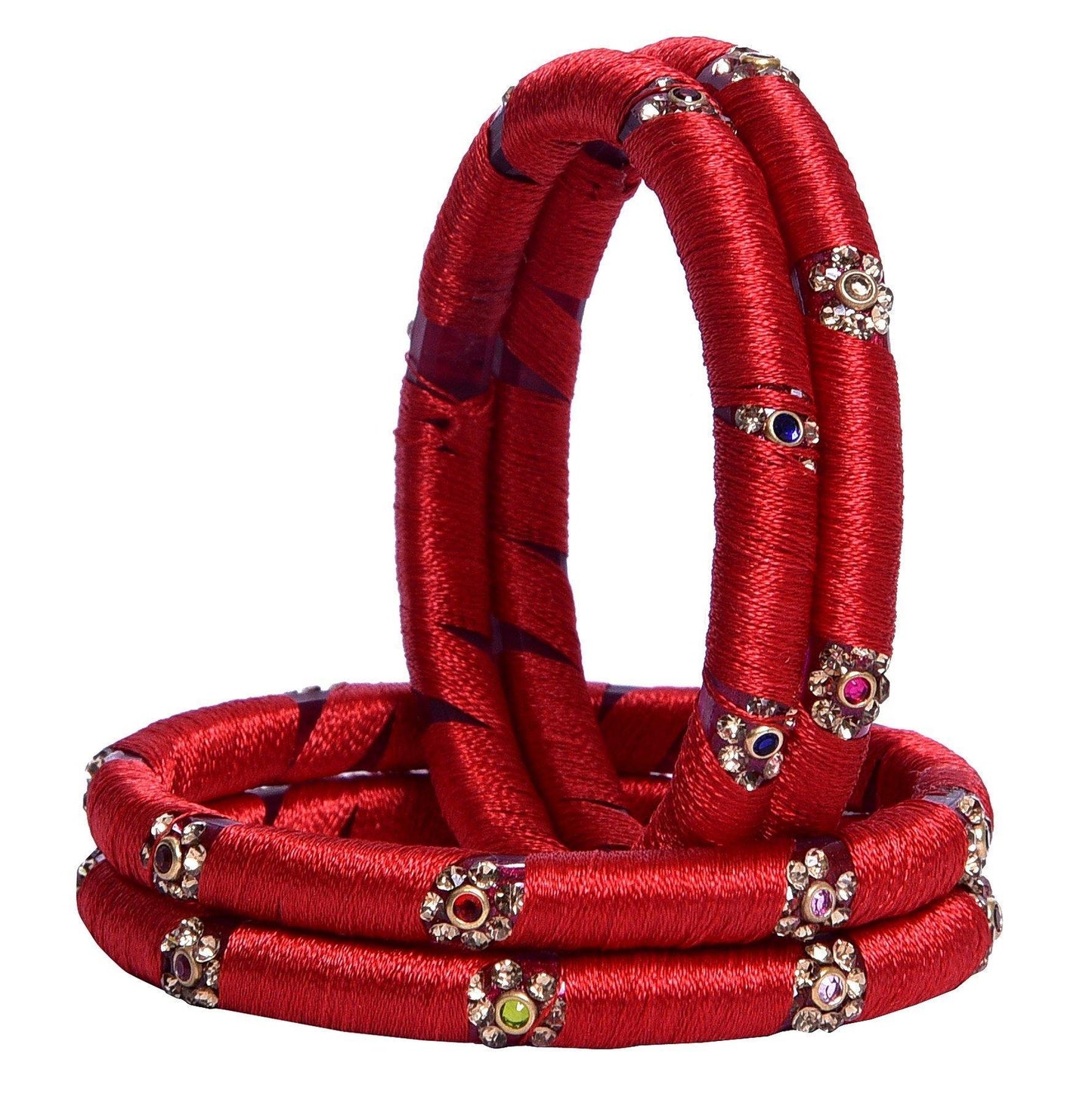 sukriti indian party wear silk thread acrylic red bangles for girls, women - set of 4