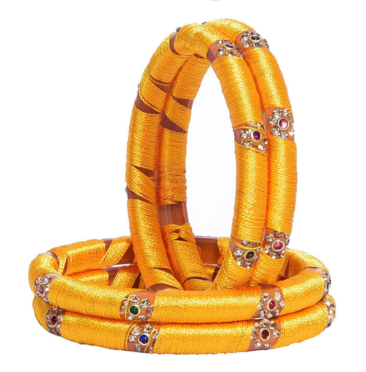 sukriti indian party wear silk thread acrylic yellow bangles for girls, women - set of 4