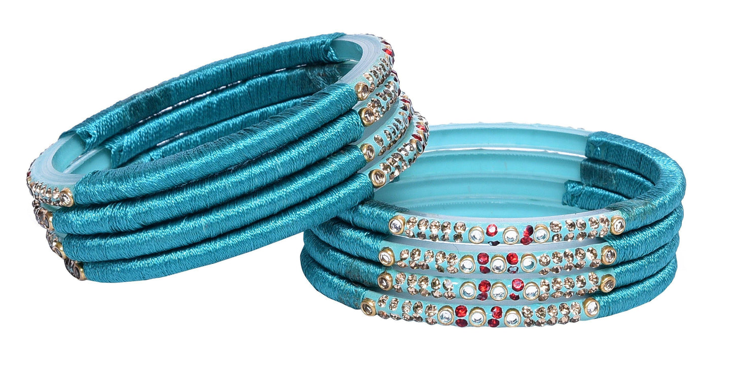 sukriti indian party wear sky blue silk thread acrylic bangles for girls, women - set of 8