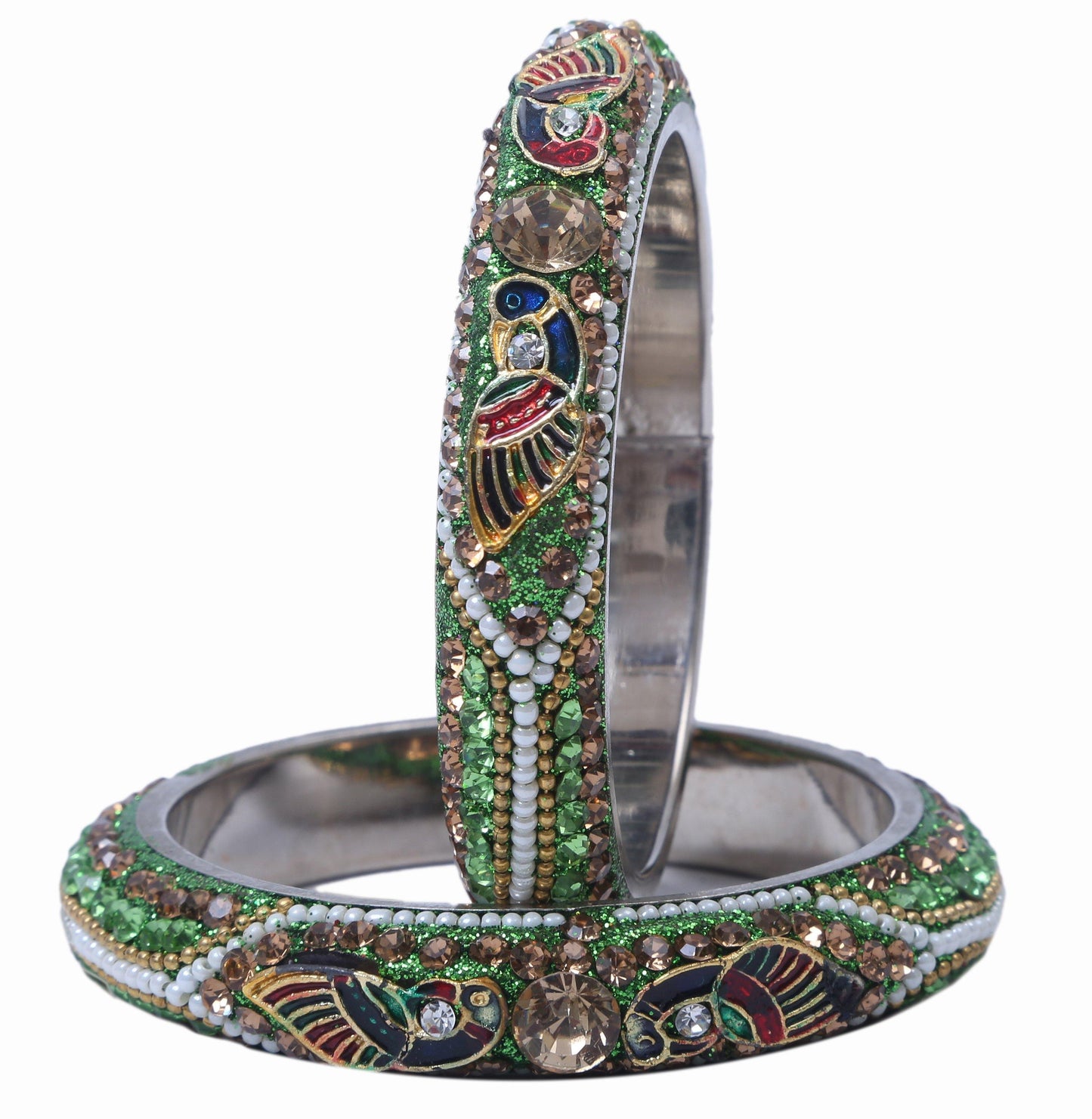 sukriti indian stylish peacock embellished green brass bangles for women & girls - set of 2