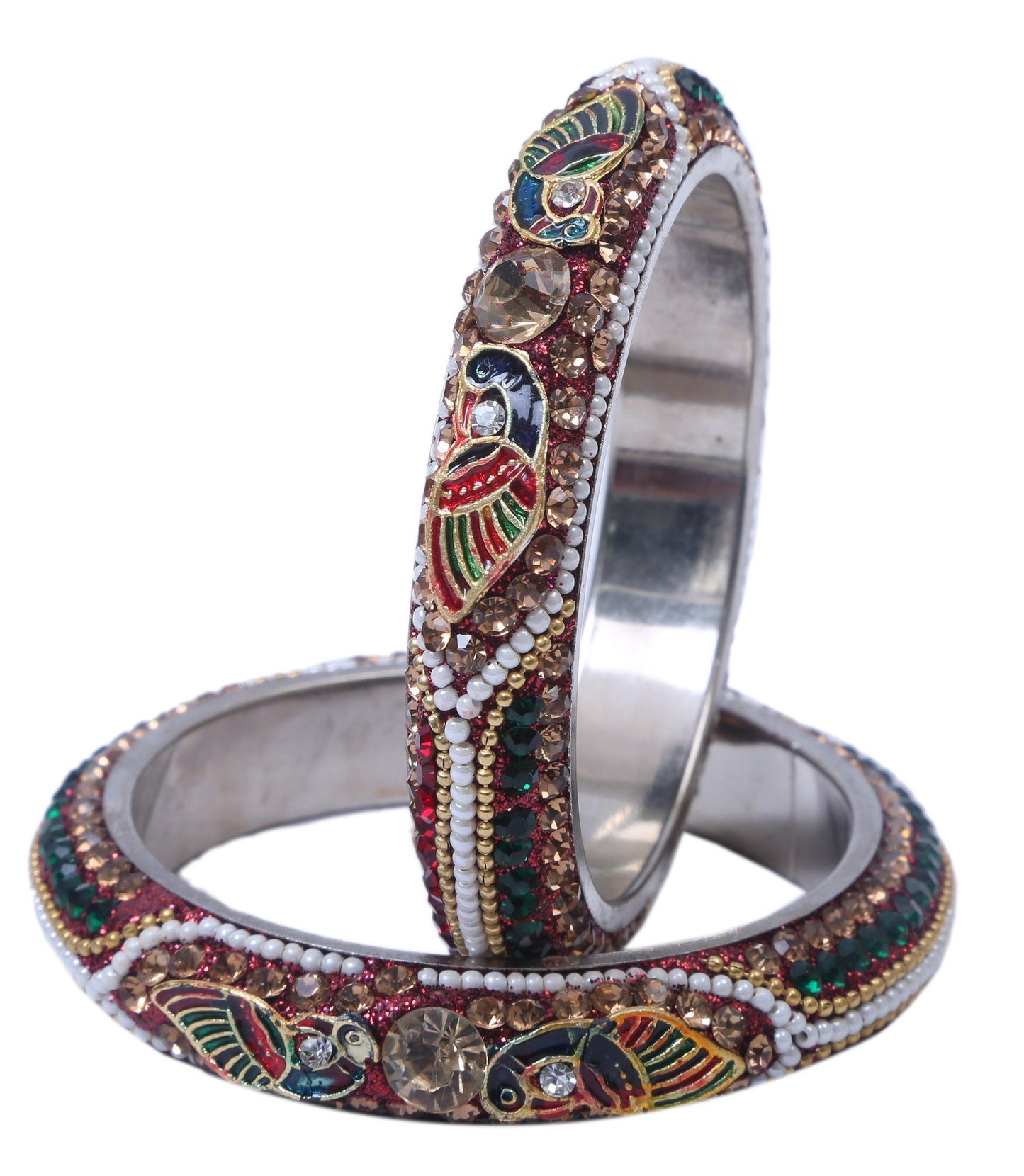 sukriti indian stylish peacock embellished maroon-green brass bangles for women & girls - set of 2