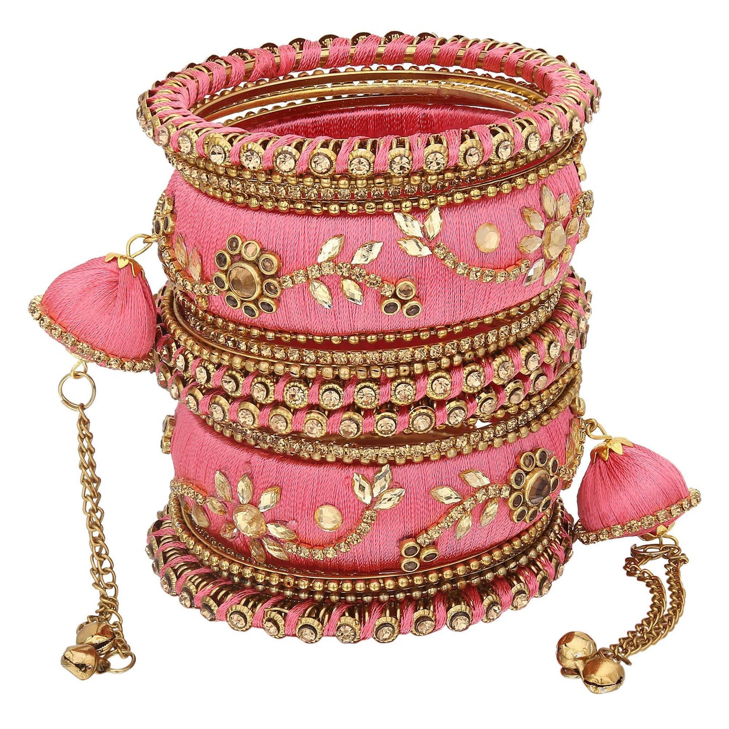 sukriti party wear silk thread tassel latkan pink bangles jewelry for girls & women – set of 18