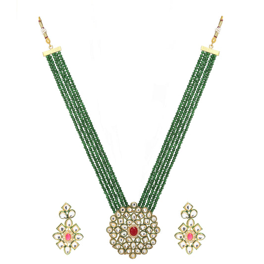 sukriti partywear 5 layered green crystal beads polki kundan earring pendant set jewellery for girls & women