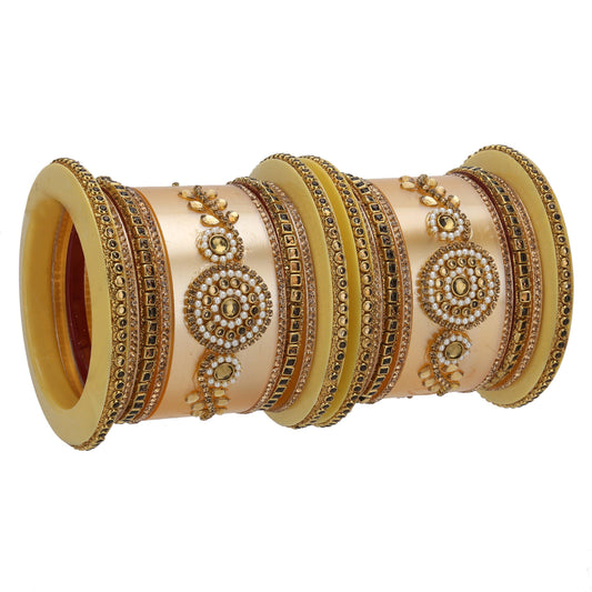 sukriti rajasthani handcrafted kundan pearl plastic golden bridal chuda bangles for women – set of 18