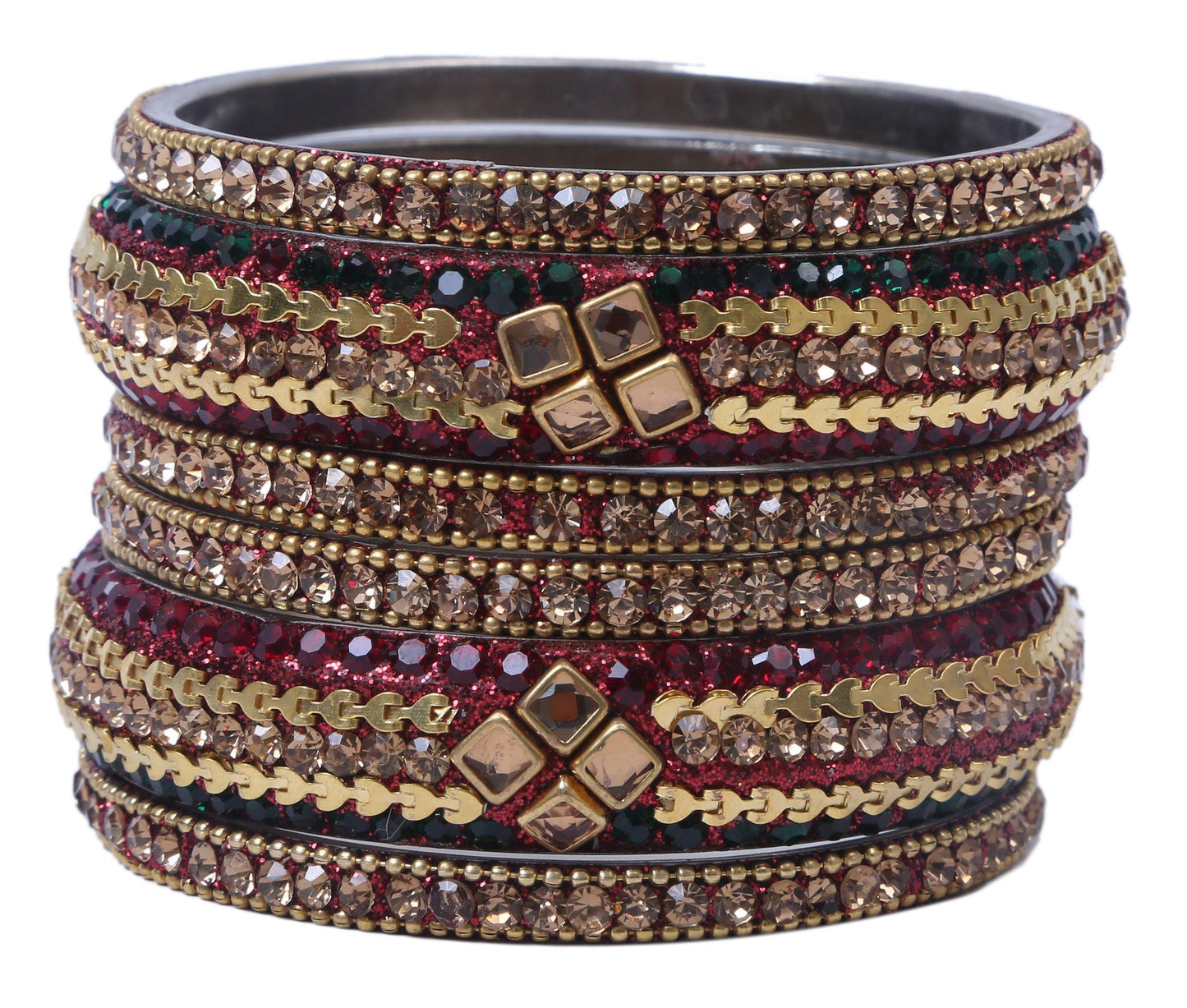 sukriti rajasthani kundan maroon-green brass bangles for women - set of 6