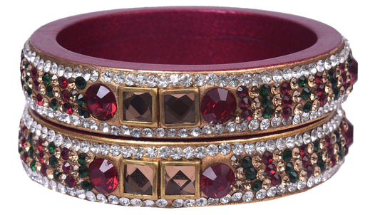 sukriti rajasthani maroon-green color kundan lac bangle - set of 2