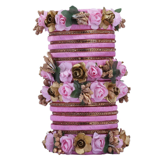 sukriti stylish designer party wedding wear flower silk thread babypink bangles for girls & women – set of 18