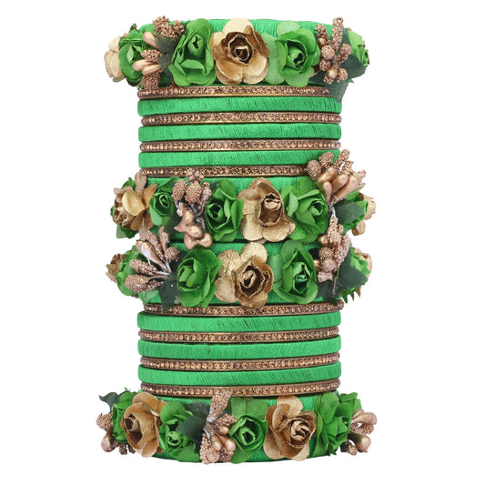 sukriti stylish designer party wedding wear flower silk thread green bangles for girls & women – set of 18
