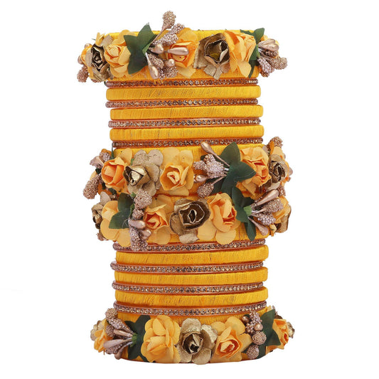 sukriti stylish designer party wedding wear flower silk thread yellow bangles for girls & women – set of 18