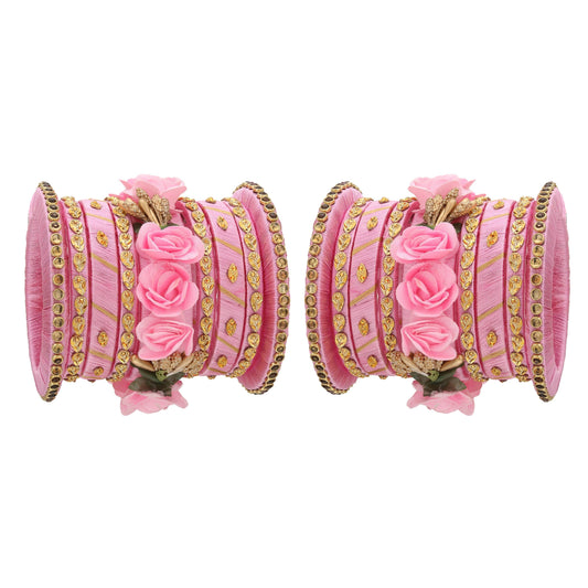 sukriti stylish handmade baby-pink flower designer silk thread plastic bridal chuda wedding bangles for women – set of 18