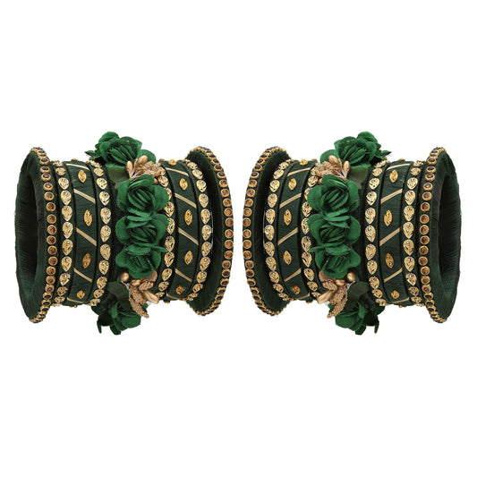 sukriti stylish handmade bottle-green flower designer silk thread plastic bridal chuda wedding bangles for women – set of 18