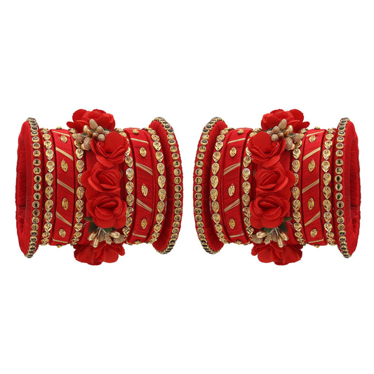 sukriti stylish handmade red flower designer silk thread plastic bridal chuda wedding bangles for women – set of 18