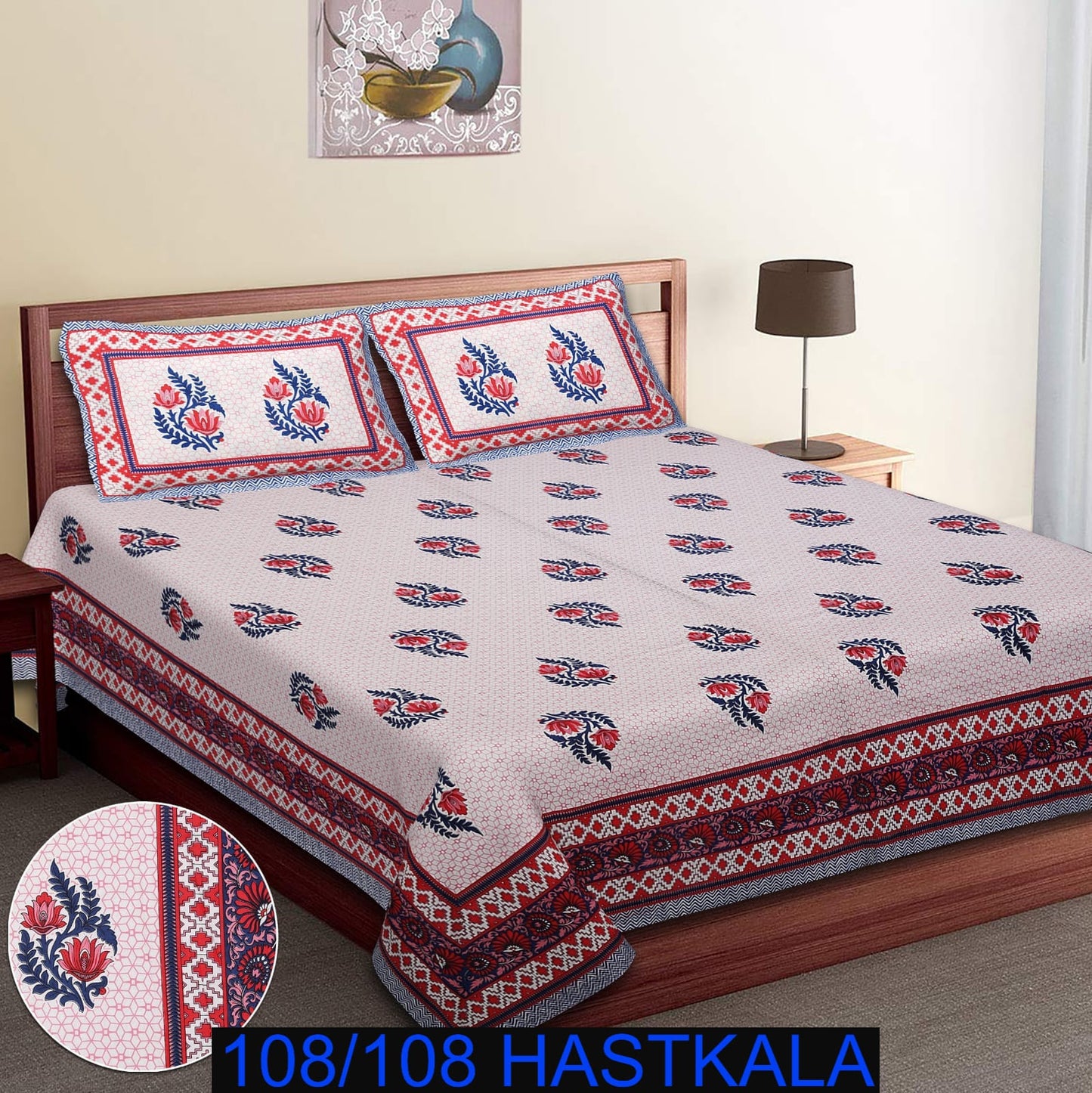 108×108 Cotton King Size Bedsheet with 2 Zipper Pillow Covers