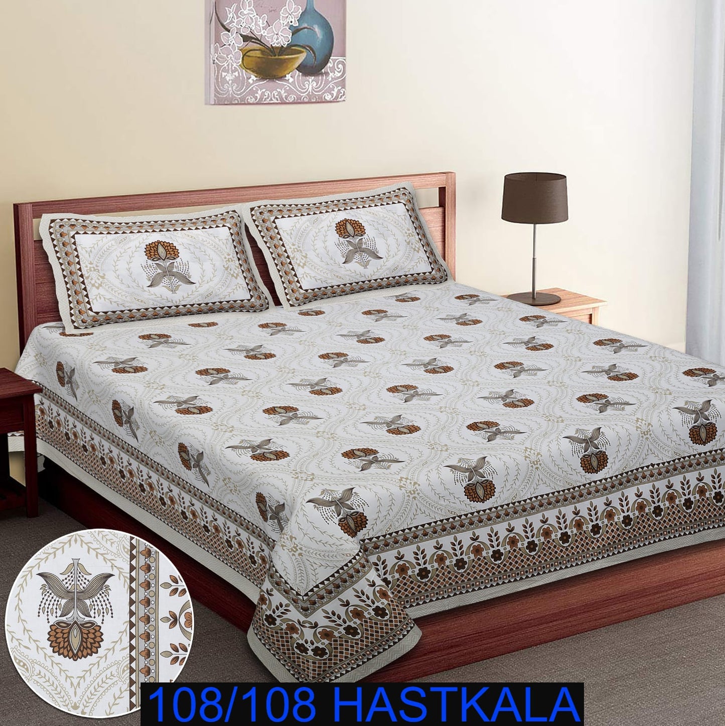 108×108 Cotton King Size Bedsheet with 2 Zipper Pillow Covers