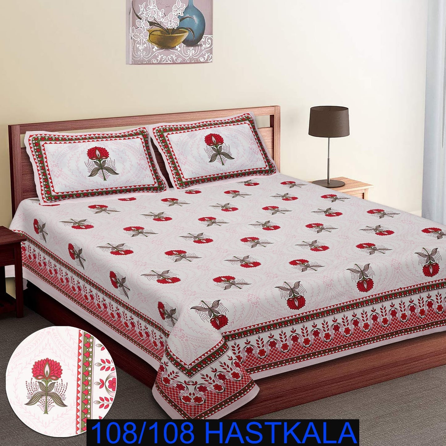 108×108 Cotton King Size Bedsheet with 2 Zipper Pillow Covers