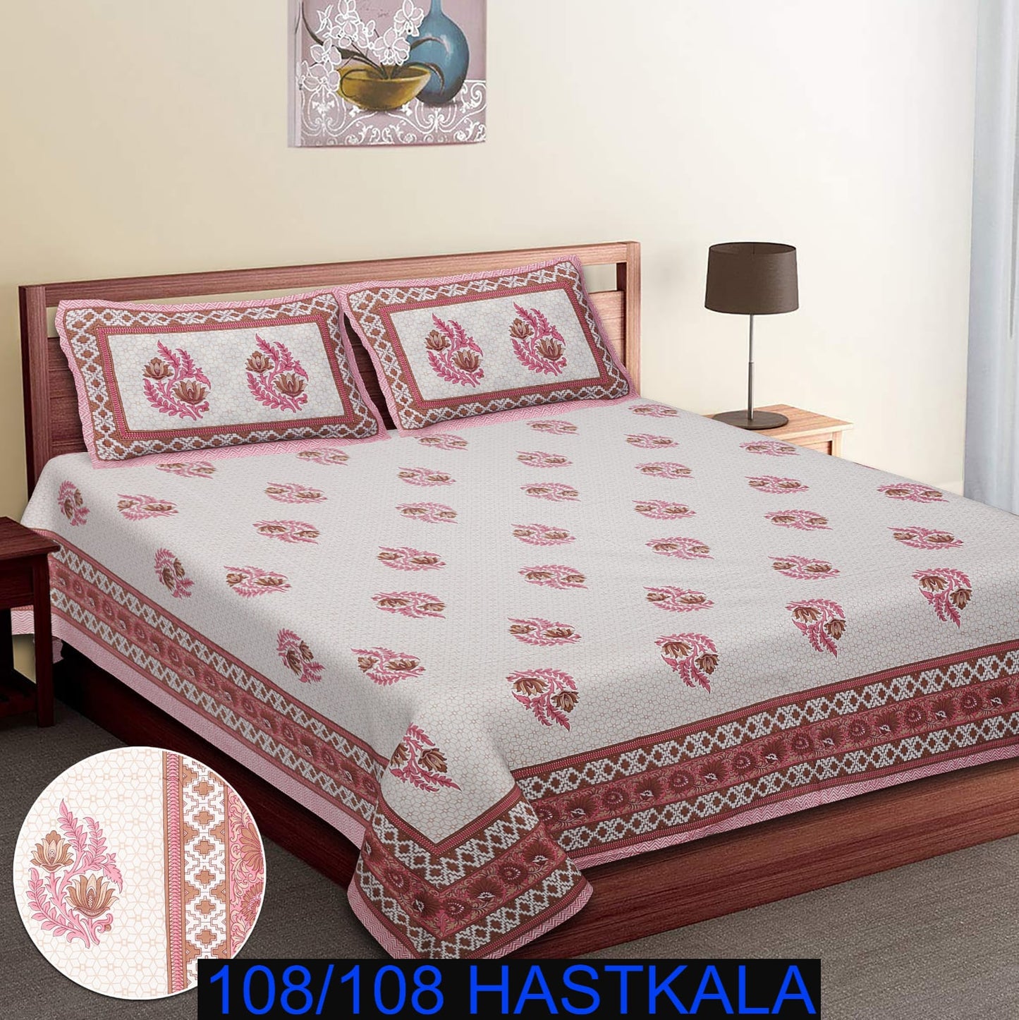 108×108 Cotton King Size Bedsheet with 2 Zipper Pillow Covers