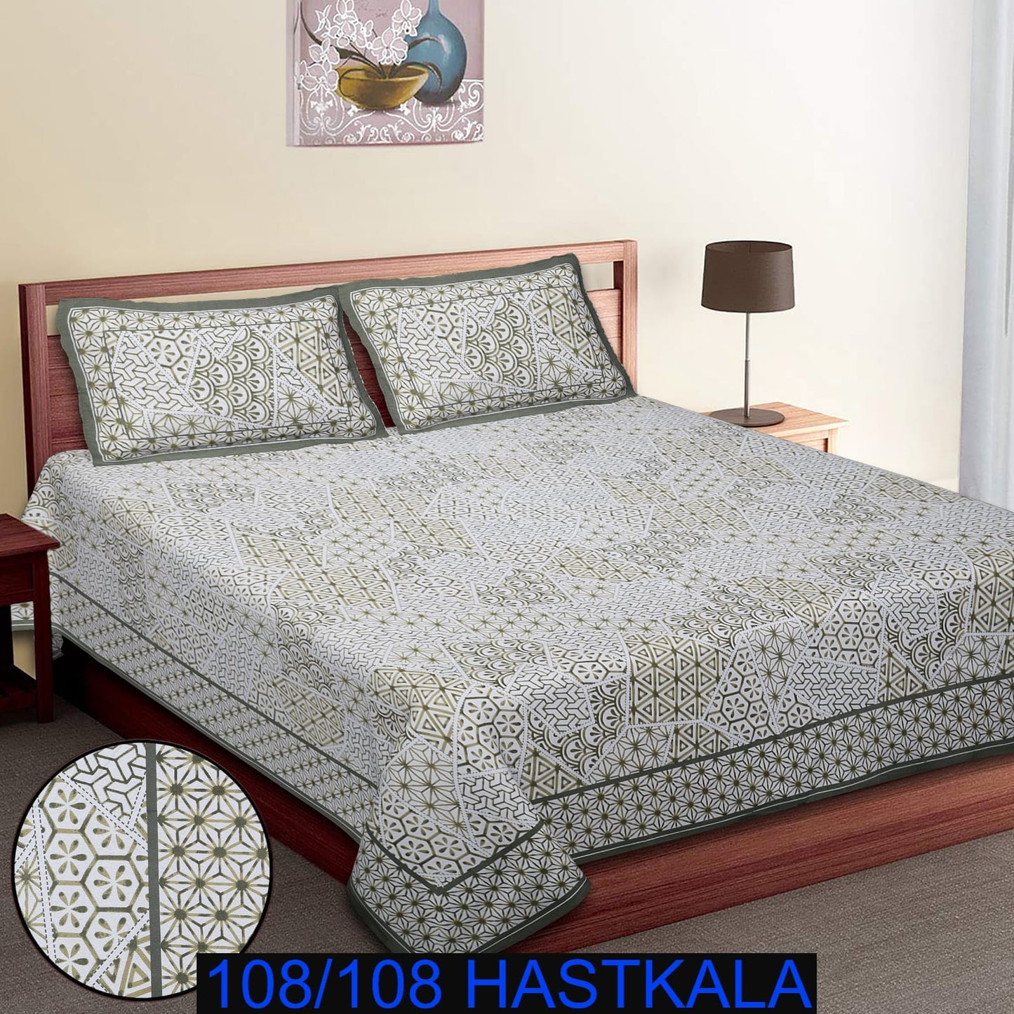 108×108 Cotton King Size Bedsheet with 2 Zipper Pillow Covers