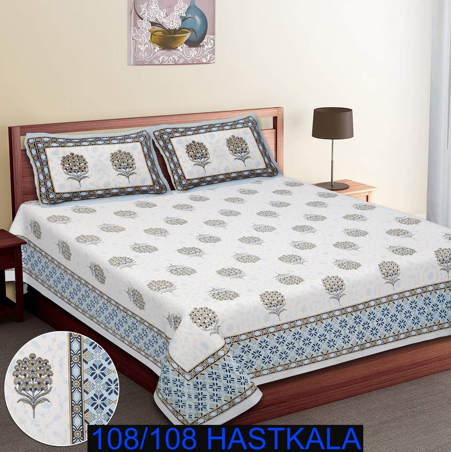 108×108 Cotton King Size Bedsheet with 2 Zipper Pillow Covers