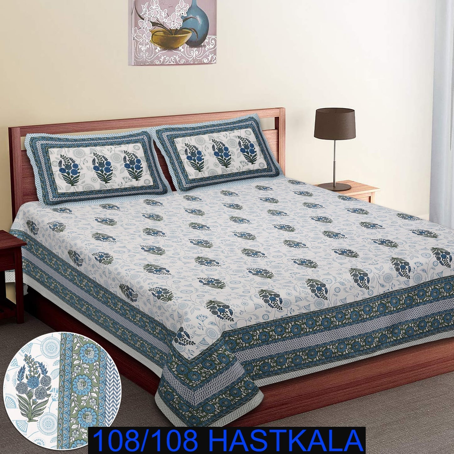 108×108 Cotton King Size Bedsheet with 2 Zipper Pillow Covers