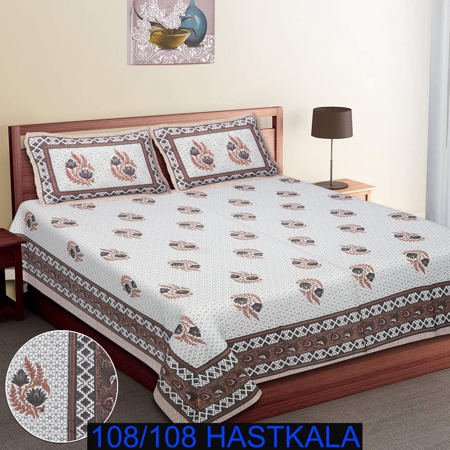108×108 Cotton King Size Bedsheet with 2 Zipper Pillow Covers