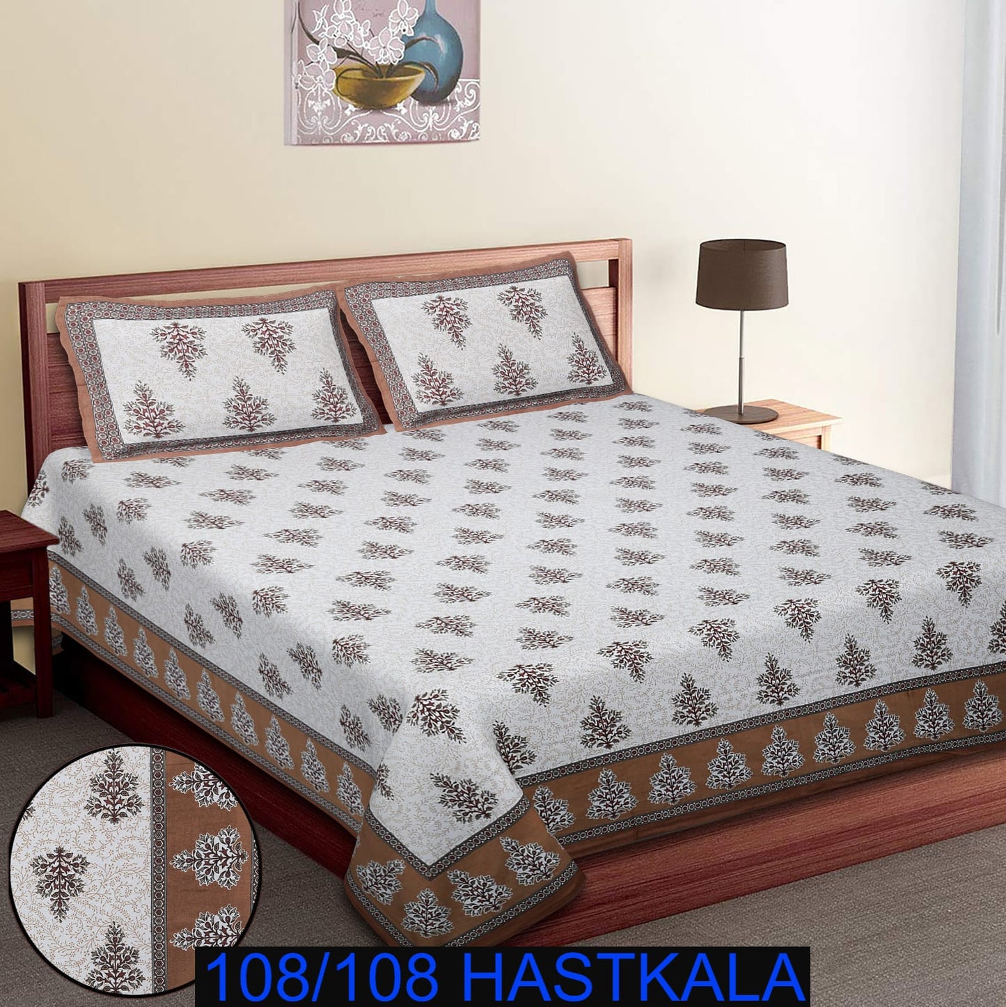 108×108 Cotton King Size Bedsheet with 2 Zipper Pillow Covers