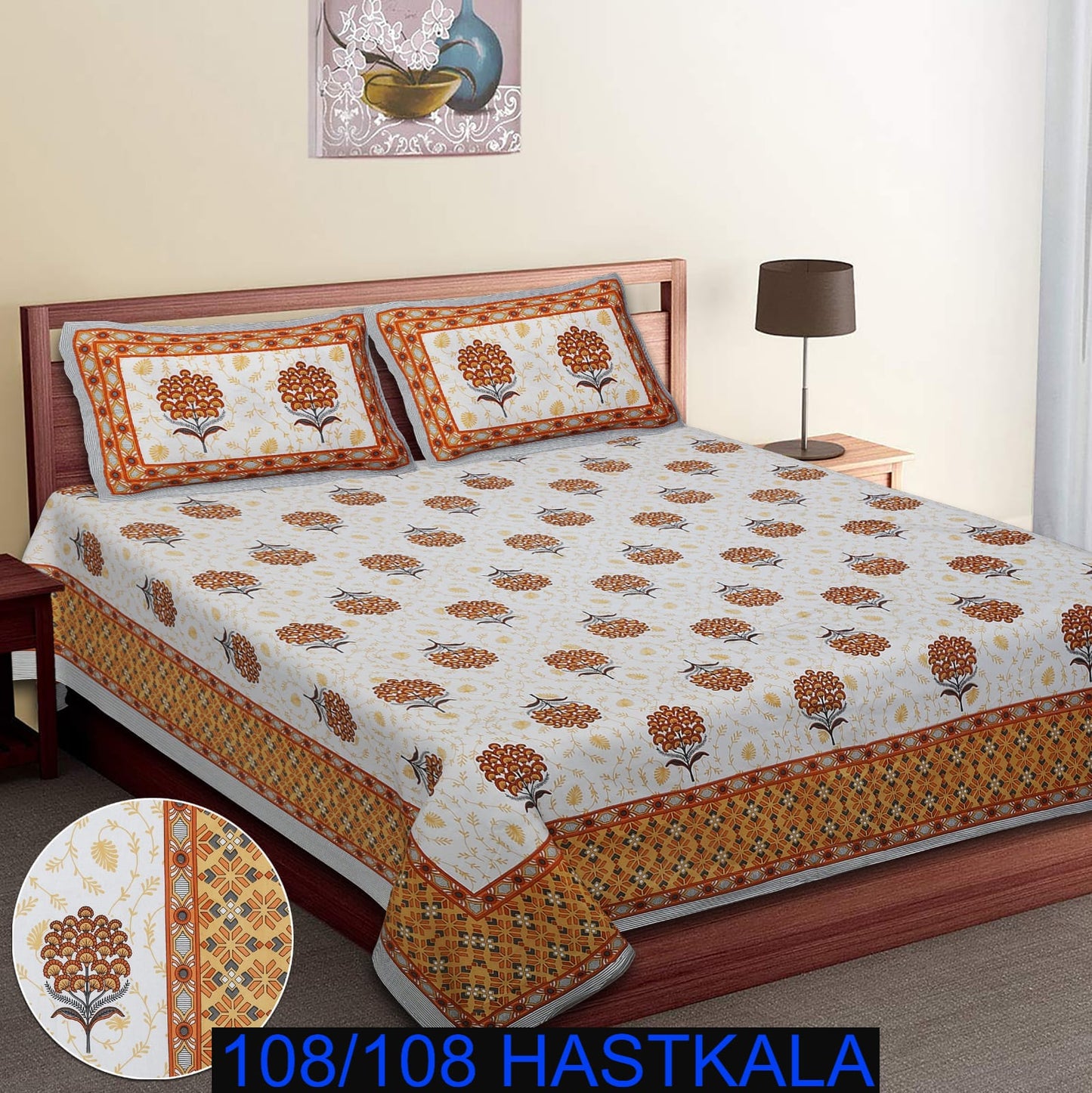 108×108 Cotton King Size Bedsheet with 2 Zipper Pillow Covers