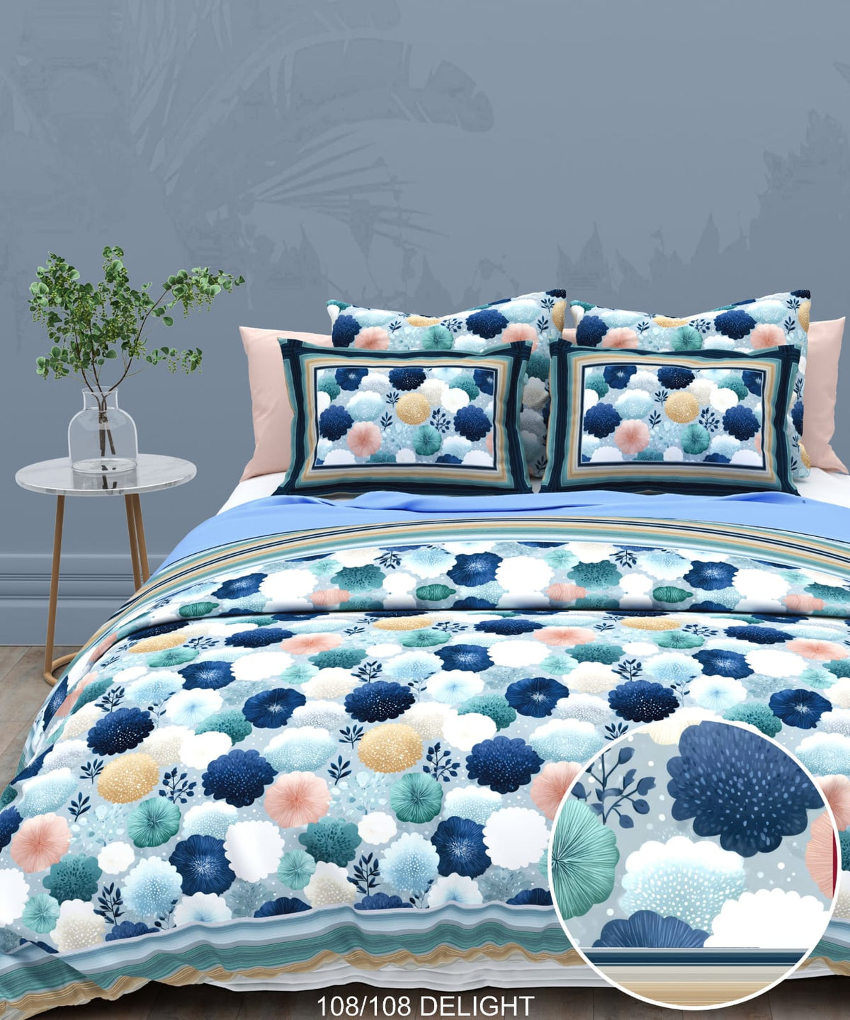 108x108 Inch 240 TC Cotton Percale Digital Print Bedsheet with Pillow Cover