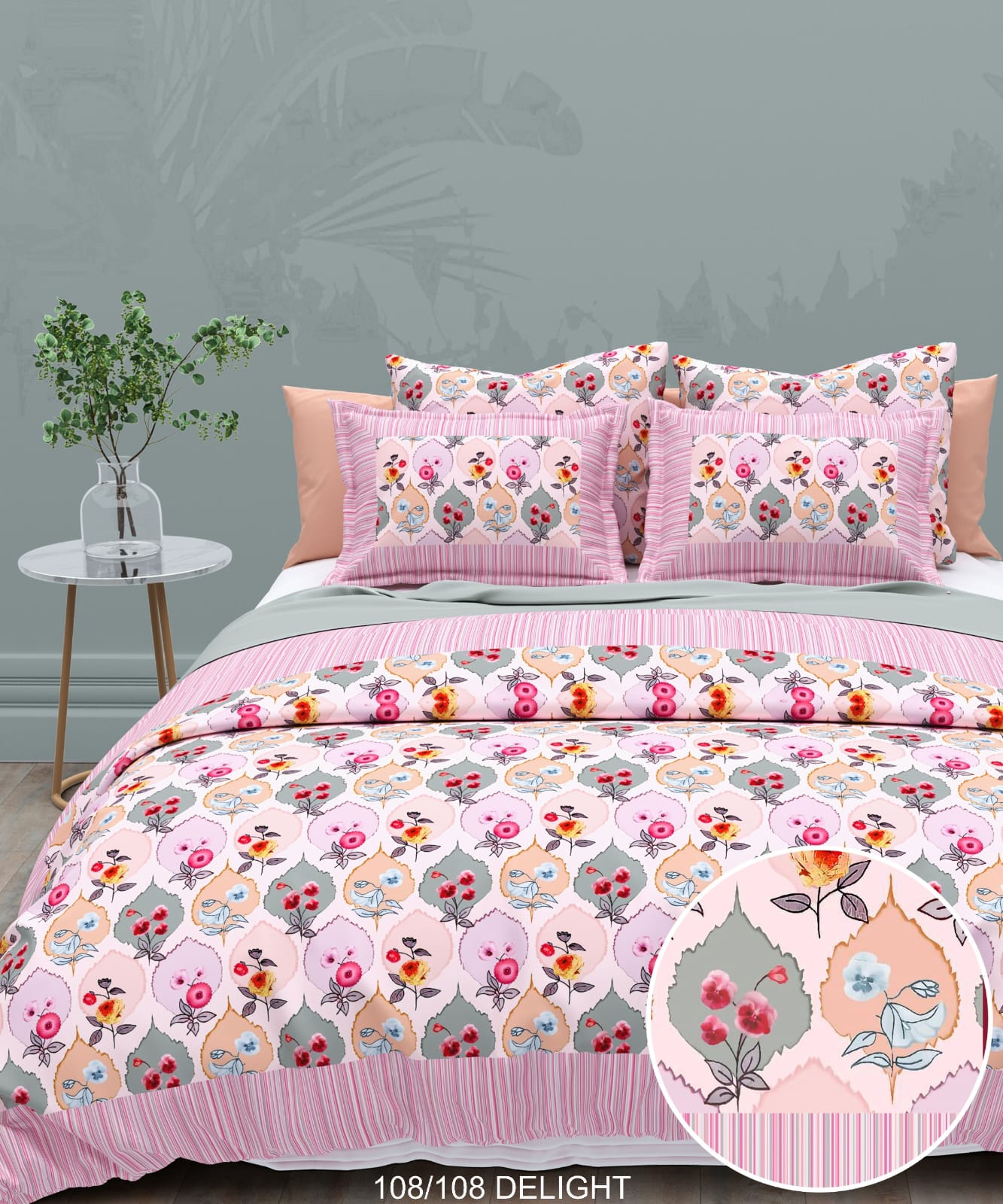 108x108 Inch 240 TC Cotton Percale Digital Print Bedsheet with Pillow Cover