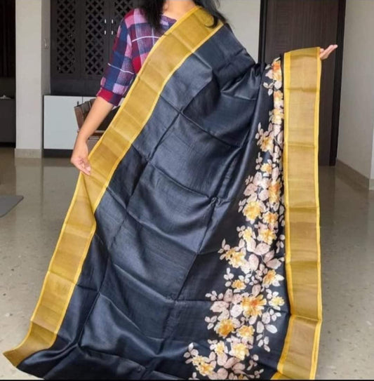 Handloom Bhagalpuri Tussar Saree with Panel Design | Gold Borders, Pallu, and Blouse