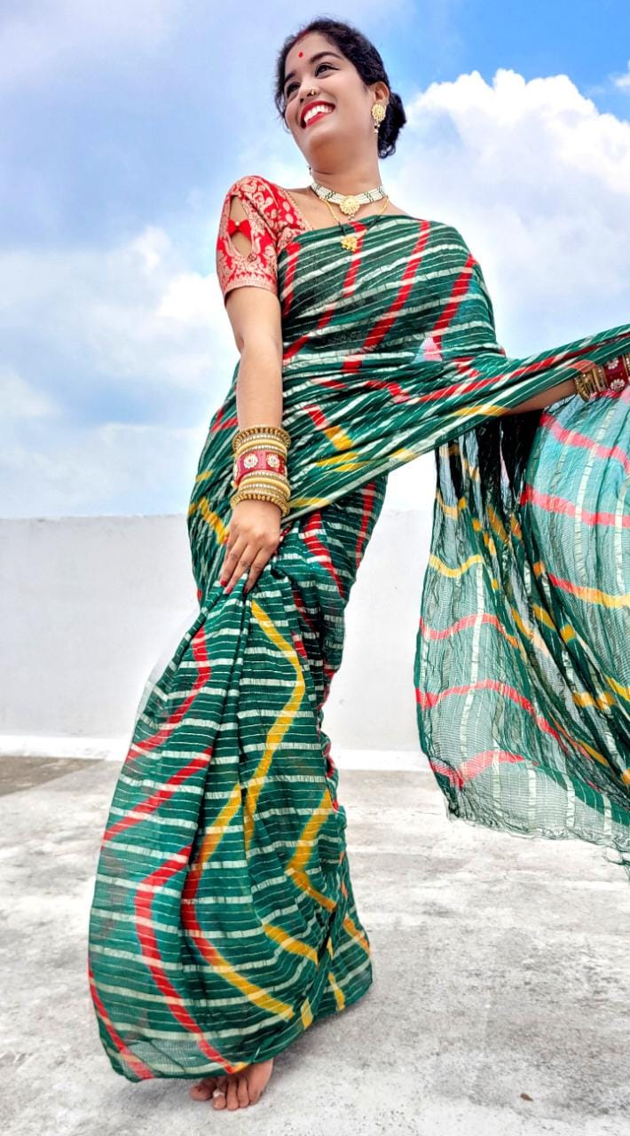 Jaipuri Lehriya Saree with Jhorjt Fabric and Contrast Blouse