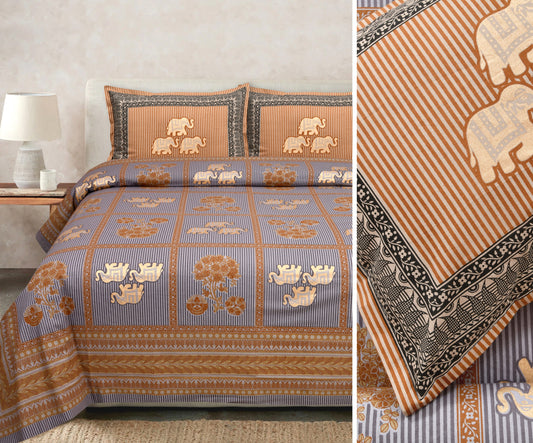 Gold-Print Cotton Bedsheet Set with Coordinated Pillow Covers