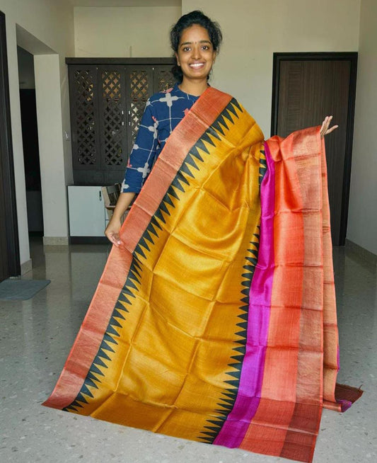 Handloom Bhagalpuri Tussar Saree with Panel Design | Gold Borders, Pallu, and Blouse