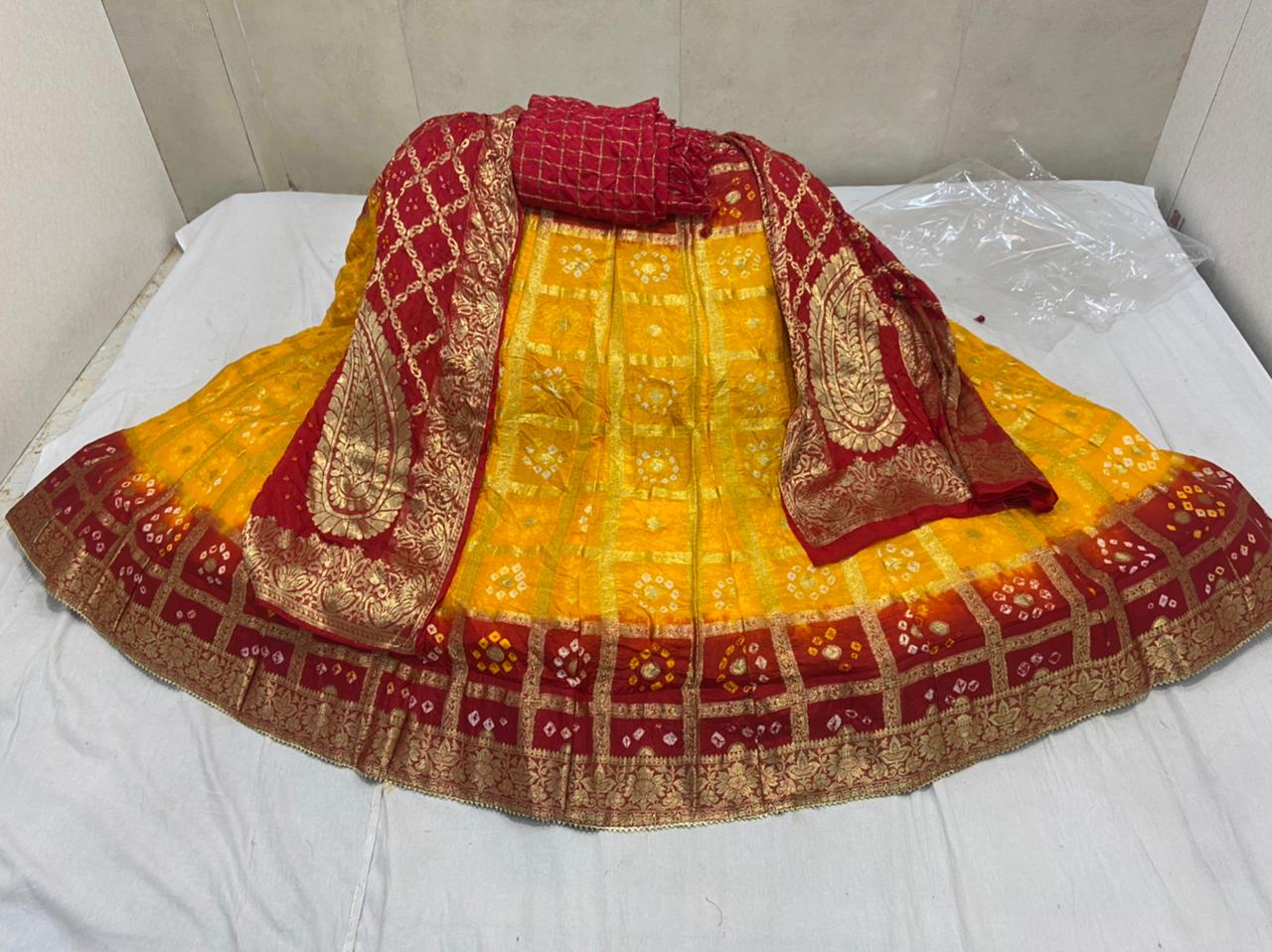 Banarasi Gharchola Silk Lehenga Set with Bandhani Design, Zari Blouse, and Dupatta – Stitched with Touch Aster