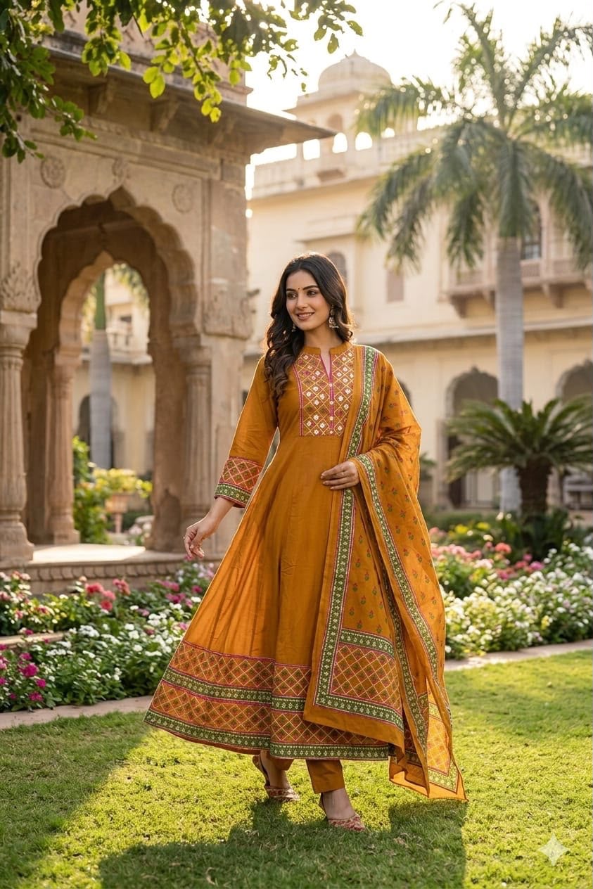 12 Kali Cotton Anarkali Suit Set with Printed Mal Mal Dupatta