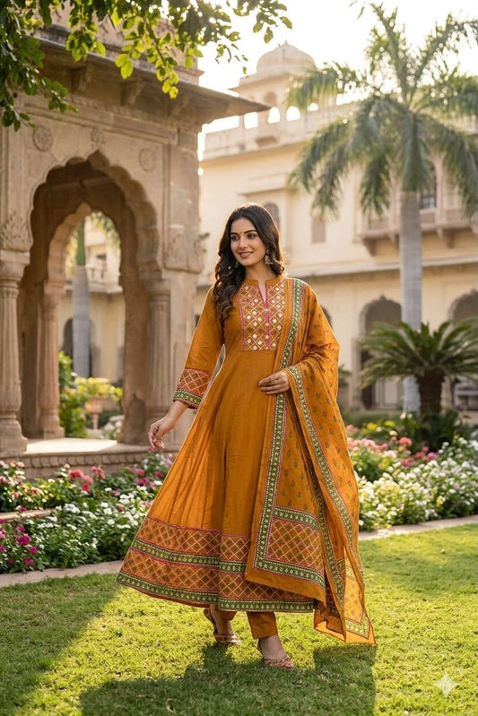 12 Kali Cotton Anarkali Suit Set with Printed Mal Mal Dupatta