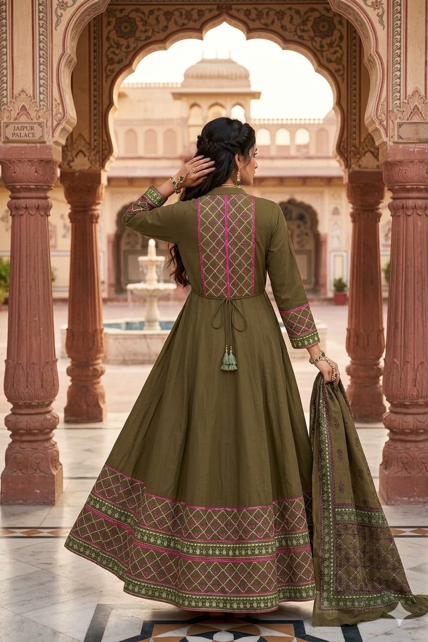 12 Kali Cotton Anarkali Suit Set with Printed Mal Mal Dupatta