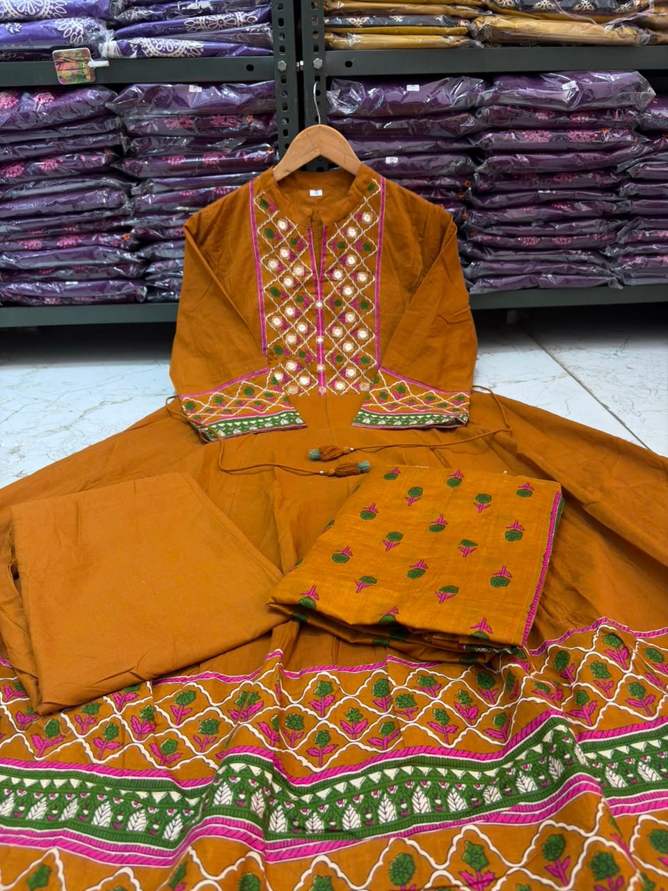 12 Kali Cotton Anarkali Suit Set with Printed Mal Mal Dupatta