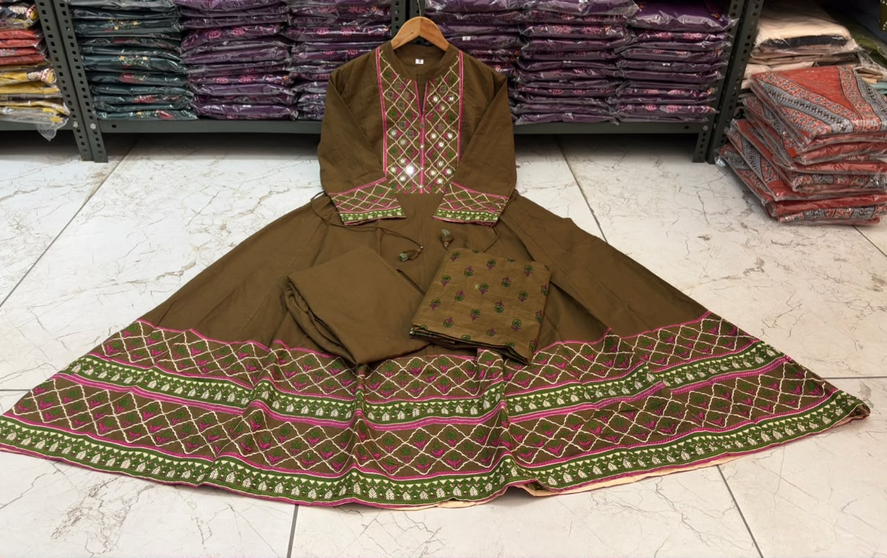 12 Kali Cotton Anarkali Suit Set with Printed Mal Mal Dupatta