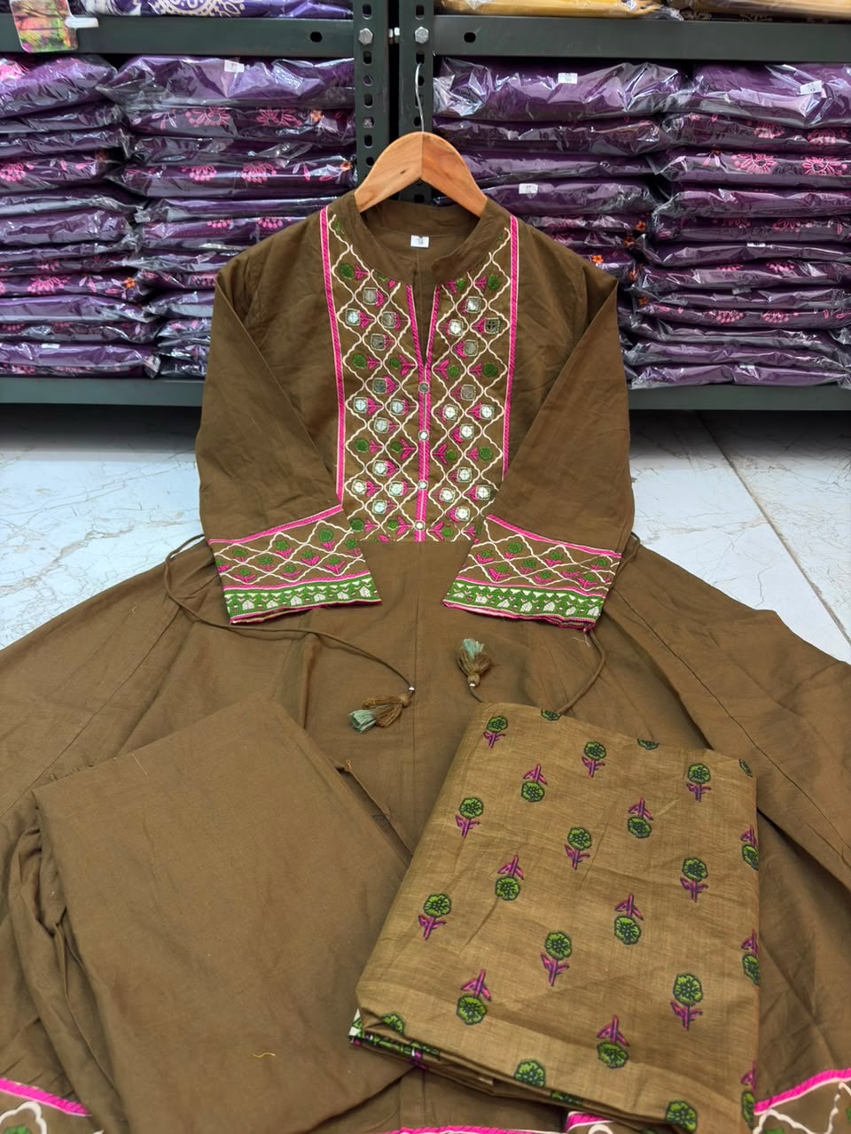 12 Kali Cotton Anarkali Suit Set with Printed Mal Mal Dupatta