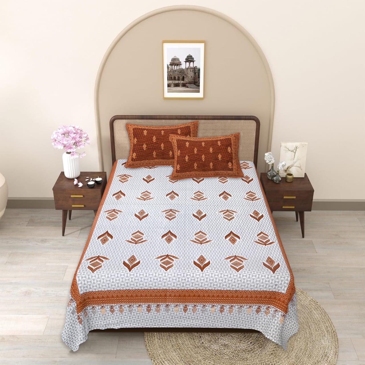 Cotton Stitched Bedsheet with 2 Zipped Pillow Covers - 72 x 100 Inches