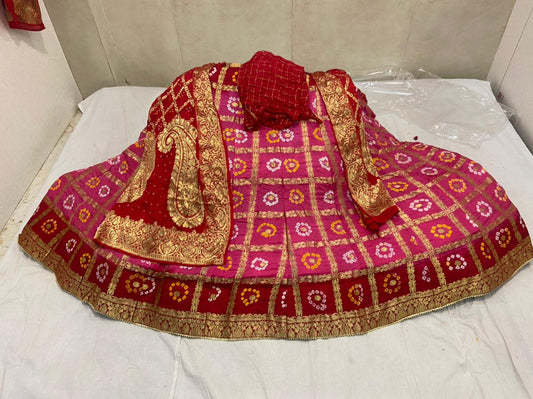 Banarasi Gharchola Silk Lehenga Set with Bandhani Design, Zari Blouse, and Dupatta – Stitched with Touch Aster